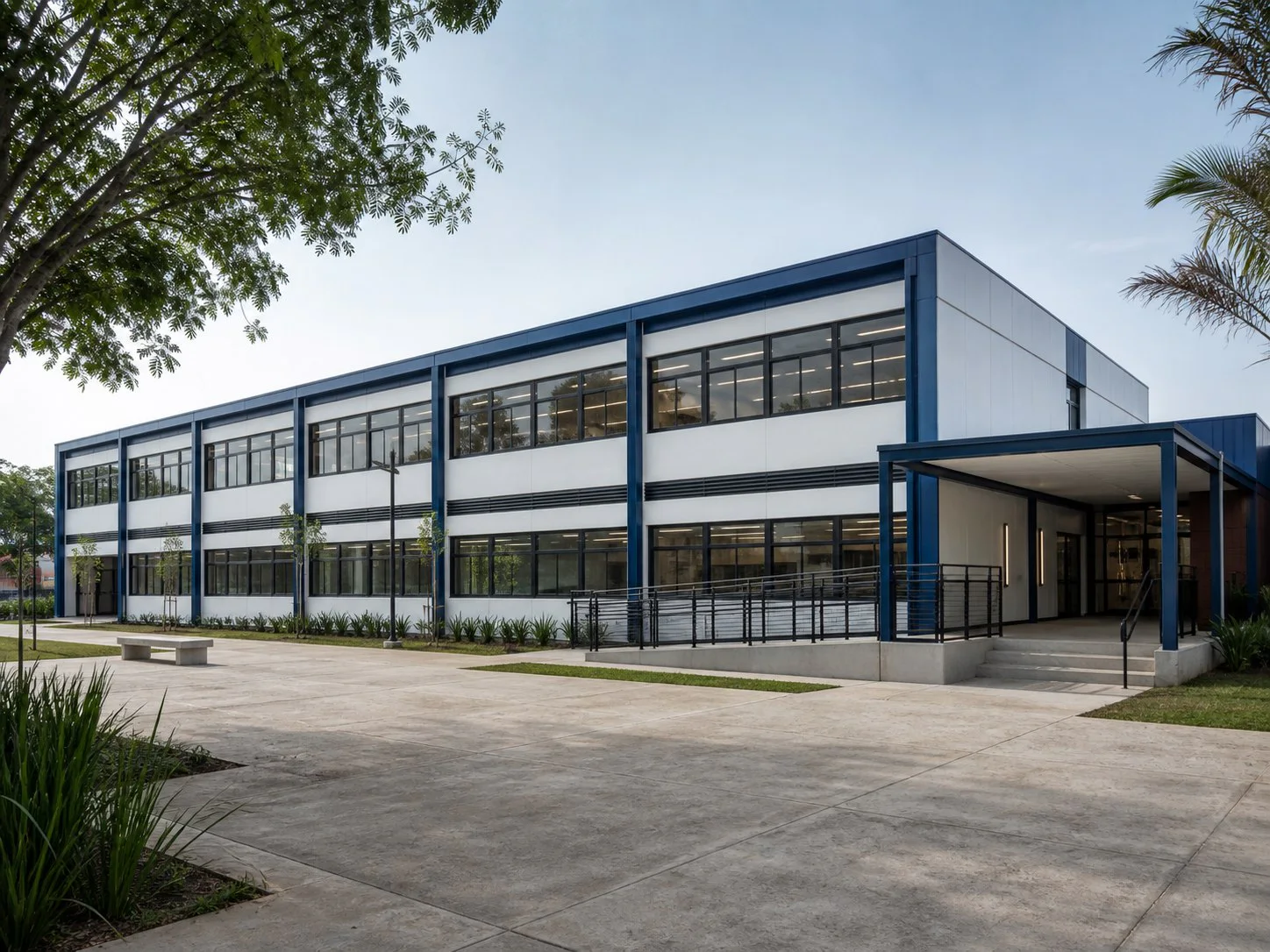Projeto simulado de escola modular contemporânea com circulação coberta e acesso inclusivo