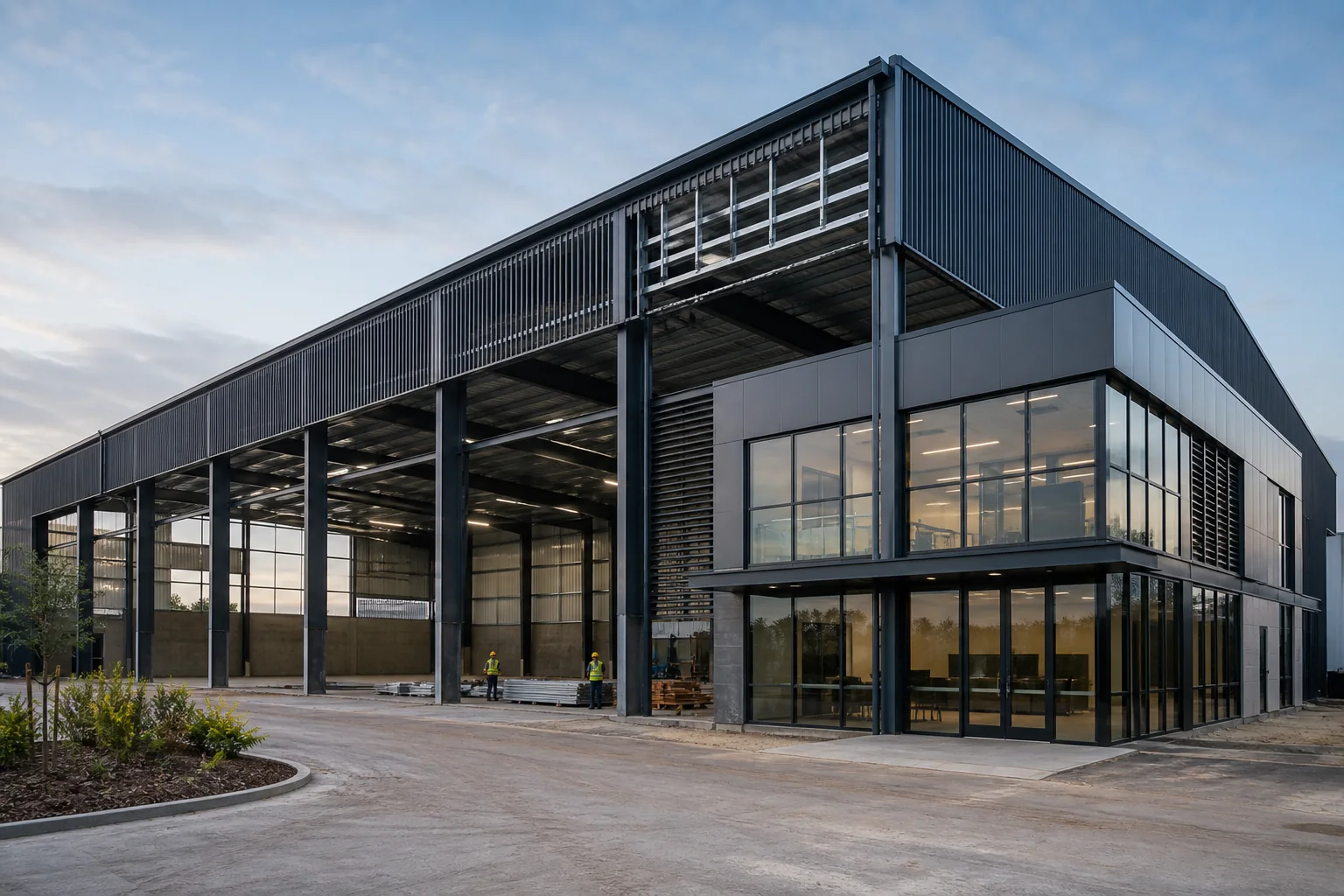 Projeto simulado de galpão industrial com área operacional e bloco administrativo envidraçado